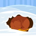 Cute bear sleeping in the hole in the snow.