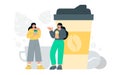 People talking with cup of hot coffee. Relax time. Office communication. Flat vector minimalist illustrations Royalty Free Stock Photo