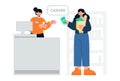 People in the store. Market finance operation with cash. Buying and selling food and goods. Flat vector minimalist illustrations