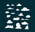 Simple cloudy icon set. Graphic cartoon style clouds. Weather, games, cards, pattern.