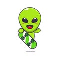 Cute alien playing skateboard cartoon vector Illustration