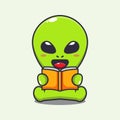 Cute alien reading a book cartoon vector illustration. Royalty Free Stock Photo