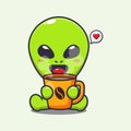Cute alien with hot coffee cartoon vector illustration.