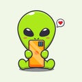 Cute alien with phone cartoon vector illustration. Royalty Free Stock Photo