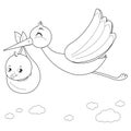 Stork delivering a new baby. Vector black and white coloring page Royalty Free Stock Photo