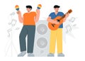 Music band with guitar and maracas. People play music instruments. Flat vector minimalist illustration