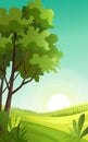 Green hills landscape with sunrise on the horizon, nature scenery vector illustration Royalty Free Stock Photo