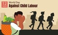 illustration vector graphic of a child worker is sad when he sees other children going to school