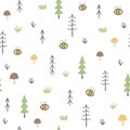 Cute seamless pattern with trees, bees, mushrooms and plants. Forest background. Royalty Free Stock Photo