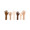 Flat vector illustration of people with different skin colors raising their hands. Royalty Free Stock Photo