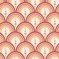 Abstract art deco rainbows in red, orange and yellow seamless pattern with golden moon phases. Royalty Free Stock Photo