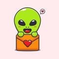 Cute alien with love message cartoon vector Illustration. Royalty Free Stock Photo