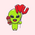 Cute alien holding love balloon and love flowers cartoon vector Illustration. Royalty Free Stock Photo