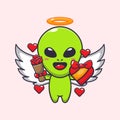 Cute alien cupid holding love gift and love bouquet cartoon vector Illustration. Royalty Free Stock Photo