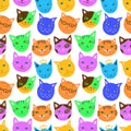 Seamless multicolor pattern with funny cats muzzles set. Royalty Free Stock Photo