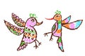 Tropical crazy fantastic doodle friendly birds. Crayon like kid`s hand drawn colorful bright funny jungle flying monsters.