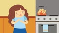 Girl suffers from stomach ache in the kitchen.