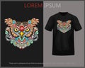 Owl head mandala art t-shirt design complete with mockup.