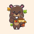 Cute beaver with coffee in autumn season.