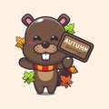 Cute beaver with autumn sign board.