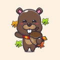 Cute beaver with acorns at autumn season.