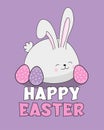 Happy Easter - cute bunny with Easter eggs. Isolated on purple backgound