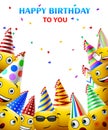 Smileys birthday vector greeting design with yellow funny and happy emoticons Royalty Free Stock Photo