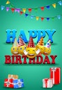 Smileys birthday vector greeting design with yellow funny and happy emoticons