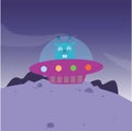 a cute purple ufo or flying saucer landing on the moon Royalty Free Stock Photo