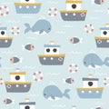 Seamless pattern with boats, whale and fish. Cute marine background. Royalty Free Stock Photo