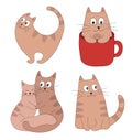 Cute cats collection. Kittens set for greeting card or poster. Cat think, kitten in cup, cats love. Vector concept illustration.