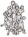 Basketball Team Women Players Action Cartoon Sport Team Graphic Vector