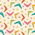 Mid Century Modern Boomerang seamless pattern with atomic retro stars in orange, teal, green, pink and yellow. Royalty Free Stock Photo