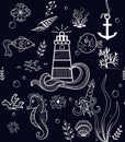 Marine summer seamless pattern hand drawing kids fabric wallpaper dark blue background wall illustration design Royalty Free Stock Photo