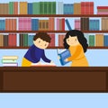 Boy and girl reading books in library. Vector illustration Royalty Free Stock Photo