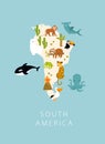 Print. Vector map of South America with animals. Cartoon animals. Jaguar, monkey, pelican, toucan, llama, alpaca, sloth.