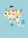 Print. Vector map of Eurasia with animals. Tiger, bear, elephant, squirrel, deer, fox, hare, panda, whale, octopus, shark.