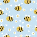 Cute bee and daisy seamless pattern. Summer or spring cartoon background with honey bee and flowers. Royalty Free Stock Photo