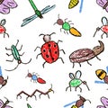 Insect seamless pattern. Crazy doodle insects set background.
