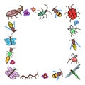 Crazy doodle insects frame background. Crayon like kid`s hand drawn colorful funny butterfly, bug, beetle, bee, wasp, dragonfly.