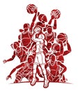 Group of Basketball Women Players Action Cartoon Sport Team Graphic Vector