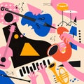 Multicolored hand-drawn jazz music session poster with piano, sax, guitar, trumpet and violoncello