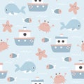 Cute seamless pattern with boat, whale, starfish, crab and fish. Cartoon background with smiling marine animals. Royalty Free Stock Photo