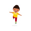 cute little kid jumping and dancing flat style, happy child activities, children playing Template for advertising cartoon Royalty Free Stock Photo