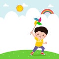 cute little kid playing with a colorful windmill toy flat style child playing, Template for advertising cartoon character design Royalty Free Stock Photo