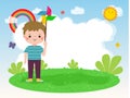 cute little kid playing with a colorful windmill toy flat style child playing, Template for advertising cartoon character design Royalty Free Stock Photo