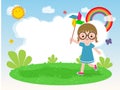 cute little kid playing with a colorful windmill toy flat style child playing, Template for advertising cartoon character design Royalty Free Stock Photo