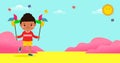 cute little kid playing with a colorful windmill toy flat style child playing, Template for advertising cartoon character design Royalty Free Stock Photo