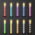 Birthday candles with burning flames isolated on dark transparent background. Royalty Free Stock Photo