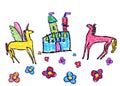Funny colorful horse, pegasus unicorn. Crayon like child`s hand drawn cute fantasy fairy castle kingdom Royalty Free Stock Photo